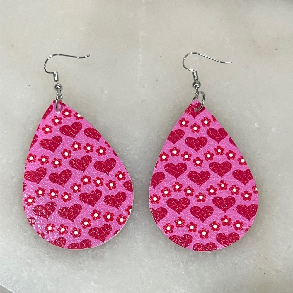 Pink Heart and Flower Teardrop Earrings